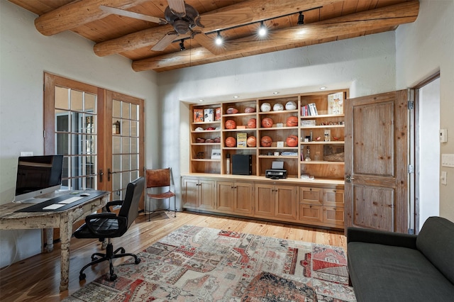 1050 Sierra Del Norte, Santa Fe, NM 87501 - office area with wooden ceiling with exposed beams, light wood-style flooring, ceiling fan, and french doors