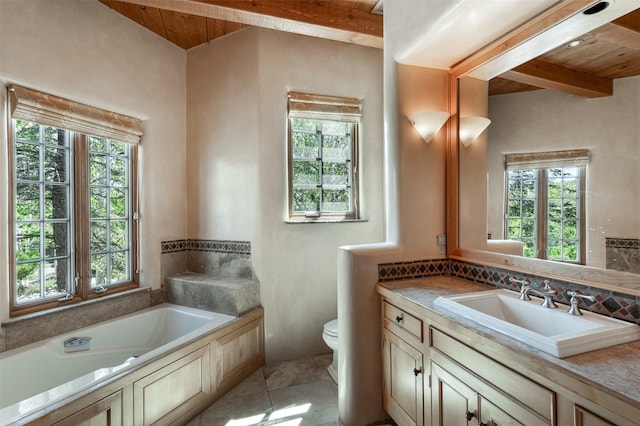 1050 Sierra Del Norte, Santa Fe, NM 87501 - full bath with wooden ceiling with exposed beams, healthy amount of natural light, and a bath