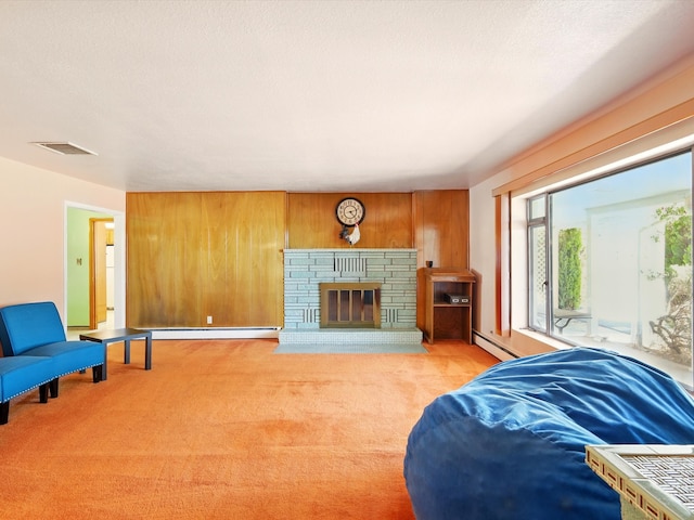 707 Middle San Pedro Rd, Espanola, NM 87532 - living room with a baseboard radiator, carpet floors, wooden walls, and a fireplace