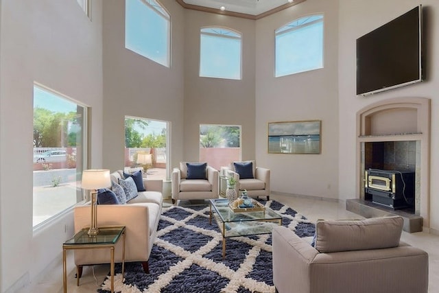 1521 Lakeview Rd SW, Albuquerque, NM 87105 - living area with a wood stove and a high ceiling