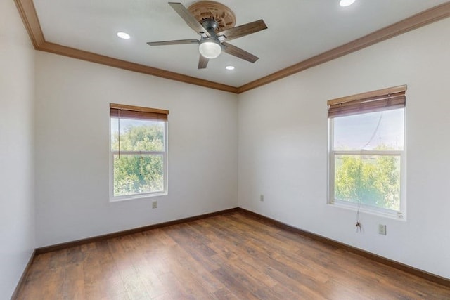 1521 Lakeview Rd SW, Albuquerque, NM 87105 - empty room featuring ornamental molding, baseboards, a ceiling fan, wood finished floors, and recessed lighting