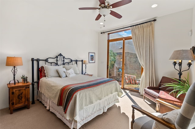 14 Avenida Sebastian, Santa Fe, NM 87506 - bedroom featuring access to exterior, light colored carpet, recessed lighting, and ceiling fan