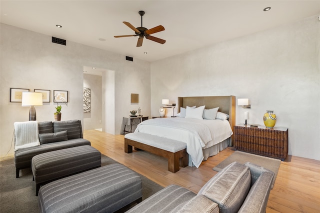 20 Rising Moon, Santa Fe, NM 87506 - bedroom with wood-type flooring, recessed lighting, and a ceiling fan