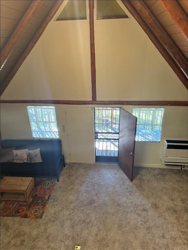 7 W Meadow Ln, Sapello, NM 87745 - unfurnished living room featuring carpet floors, heating unit, and wood ceiling
