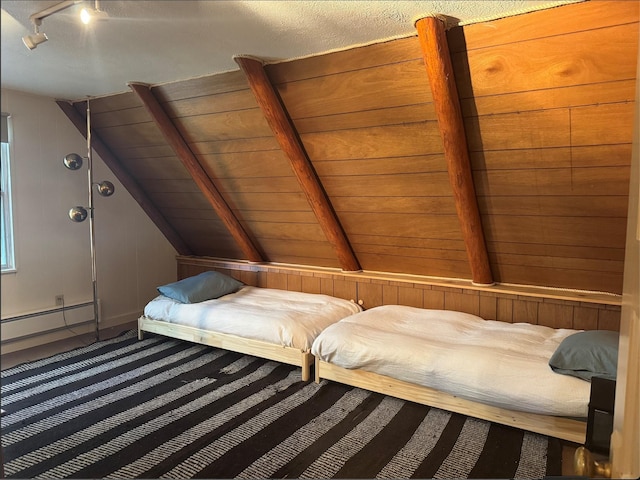 7 W Meadow Ln, Sapello, NM 87745 - bedroom with baseboard heating, track lighting, and wooden walls