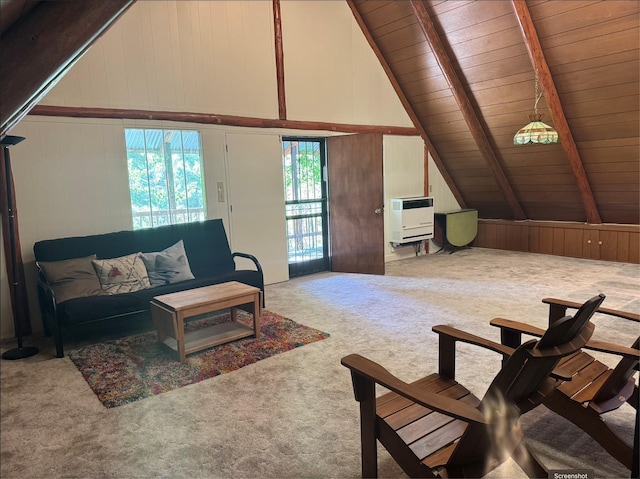 7 W Meadow Ln, Sapello, NM 87745 - carpeted living area with heating unit and wooden ceiling