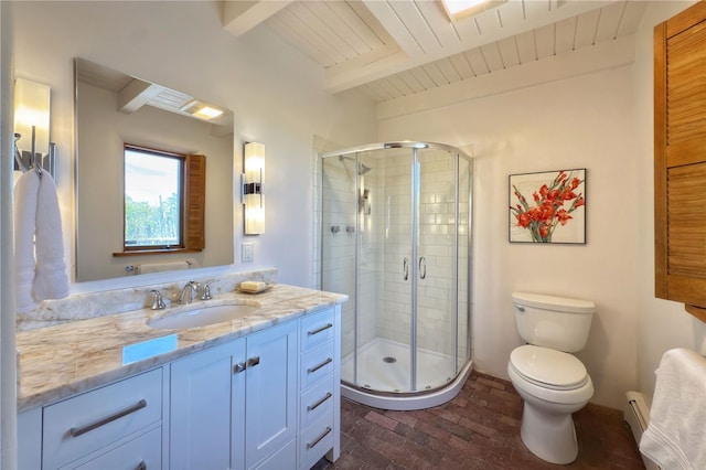 559 Camino Del Monte Sol, Santa Fe, NM 87505 - full bath with brick floors, vanity, toilet, a stall shower, and wood ceiling with exposed beams