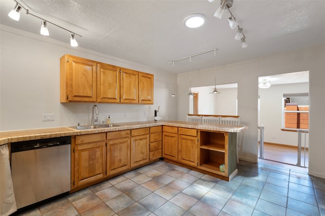 1208 Declovina St, Santa Fe, NM 87505 - kitchen featuring rail lighting, stainless steel dishwasher, a sink, a peninsula, and a textured ceiling
