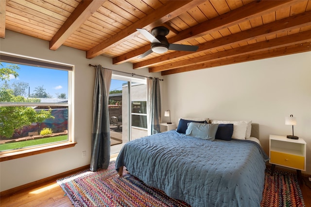 1208 Declovina St, Santa Fe, NM 87505 - bedroom with wood ceiling with exposed beams, baseboards, access to outside, wood finished floors, and ceiling fan