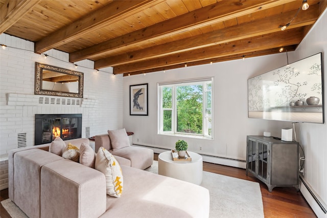 309 Lomita St, Santa Fe, NM 87505 - living area featuring wood finished floors, wooden ceiling with exposed beams, a fireplace, and a baseboard heating unit