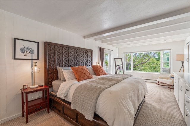 309 Lomita St, Santa Fe, NM 87505 - bedroom featuring light colored carpet, beamed ceiling, a baseboard heating unit, and baseboards