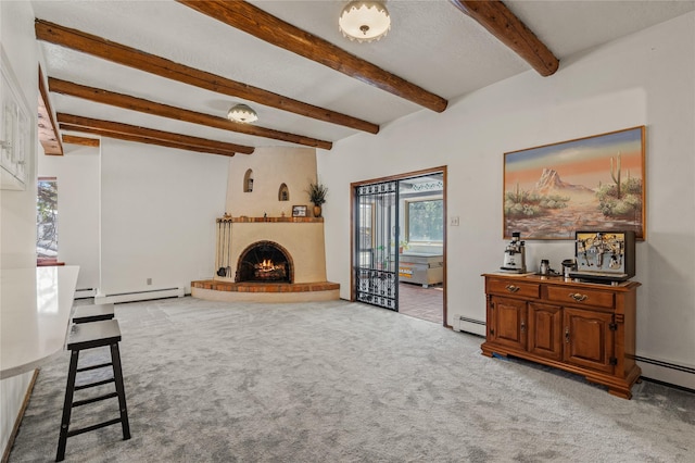 1905 Camino Redondo, Los Alamos, NM 87544 - living room with baseboard heating, plenty of natural light, light carpet, and beamed ceiling