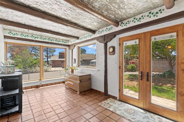 1905 Camino Redondo, Los Alamos, NM 87544 - unfurnished sunroom with french doors and beam ceiling