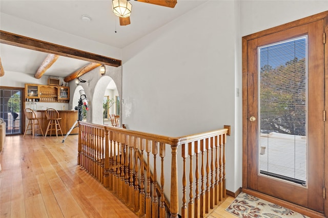 1905 Camino Redondo, Los Alamos, NM 87544 - entryway with light wood-type flooring, beamed ceiling, arched walkways, and ceiling fan