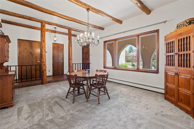 1905 Camino Redondo, Los Alamos, NM 87544 - carpeted dining room with a baseboard heating unit, beam ceiling, and a chandelier