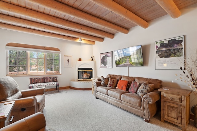 3101 Old Pecos Trl Unit 101, Santa Fe, NM 87505 - living room with carpet flooring, wood ceiling with exposed beams, and a fireplace
