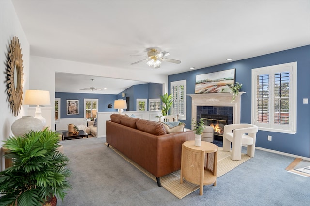 917 Estates Dr, Los Alamos, NM 87544 - living room with carpet flooring, a tile fireplace, ceiling fan, baseboards, and recessed lighting