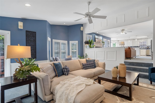 917 Estates Dr, Los Alamos, NM 87544 - living area with ceiling fan, recessed lighting, and a towering ceiling