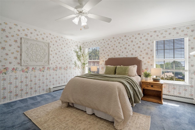 917 Estates Dr, Los Alamos, NM 87544 - bedroom with a baseboard heating unit, carpet flooring, ornamental molding, and ceiling fan