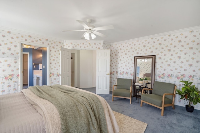 917 Estates Dr, Los Alamos, NM 87544 - carpeted bedroom with crown molding, wallpapered walls, a ceiling fan, and ensuite bathroom