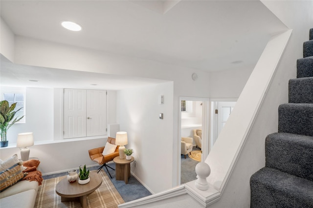 917 Estates Dr, Los Alamos, NM 87544 - living area with stairs, carpet flooring, and baseboards