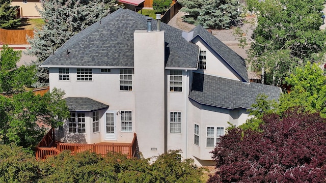 917 Estates Dr, Los Alamos, NM 87544 - back of property featuring a shingled roof, stucco siding, and a chimney