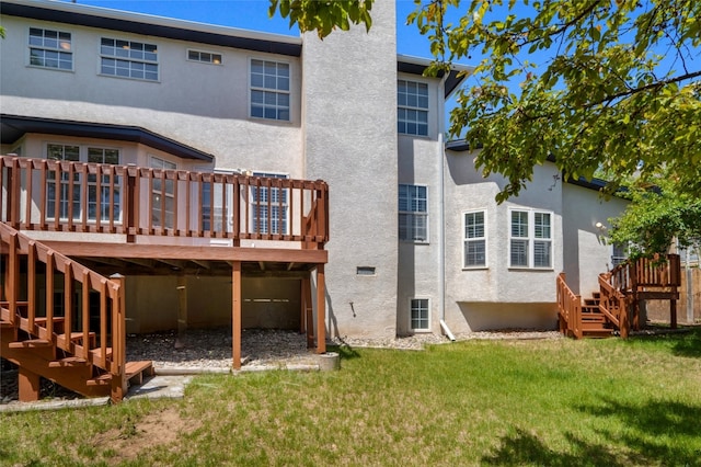 917 Estates Dr, Los Alamos, NM 87544 - rear view of house with stairway, stucco siding, a yard, and a deck