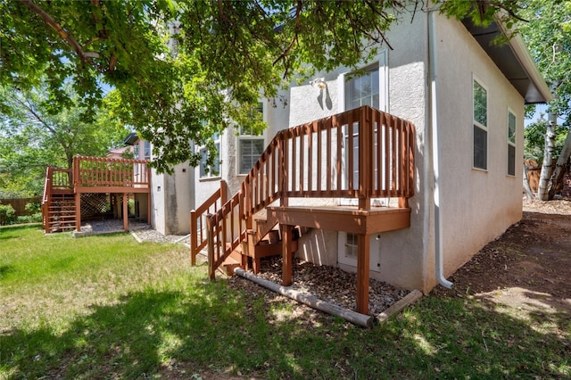 917 Estates Dr, Los Alamos, NM 87544 - wooden terrace featuring stairs and a yard