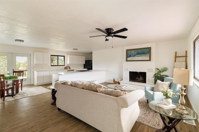 1180 Sioux, Los Alamos, NM 87544 - living area featuring wood finished floors, a fireplace with raised hearth, french doors, and ceiling fan