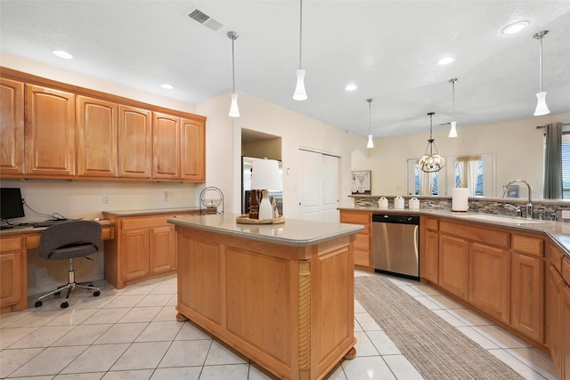 1810 Eucalyptus Rd NE, Rio Rancho, NM 87144 - kitchen featuring dishwasher, a sink, a kitchen island, light tile patterned floors, and freestanding refrigerator