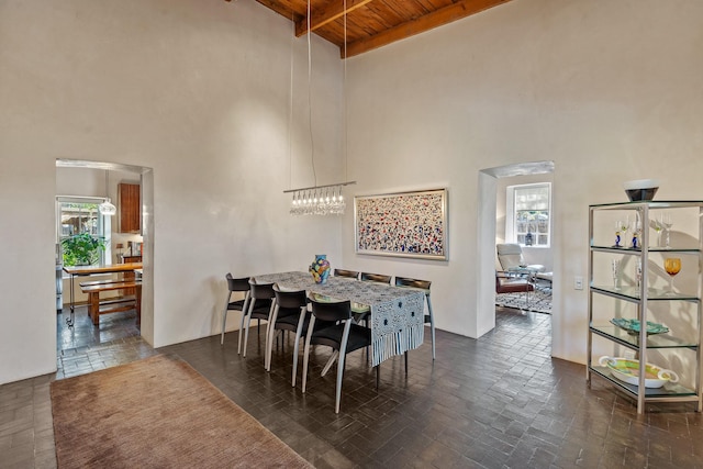 519 E Palace Ave, Santa Fe, NM 87501 - dining space with a high ceiling and wooden ceiling with exposed beams