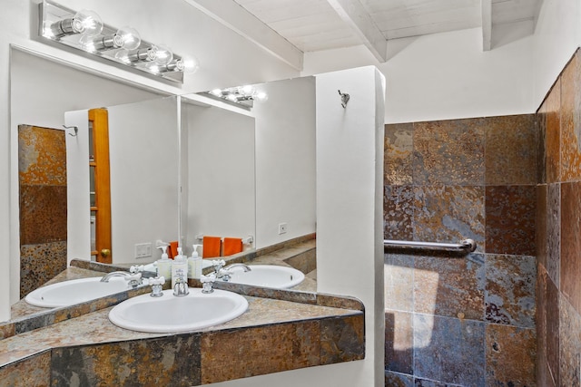 519 E Palace Ave, Santa Fe, NM 87501 - bathroom with double vanity and beamed ceiling