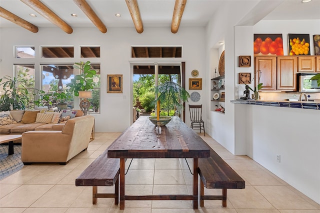 1 Pajarito Peak, Santa Fe, NM 87508 - dining area with beamed ceiling, light tile patterned floors, and recessed lighting
