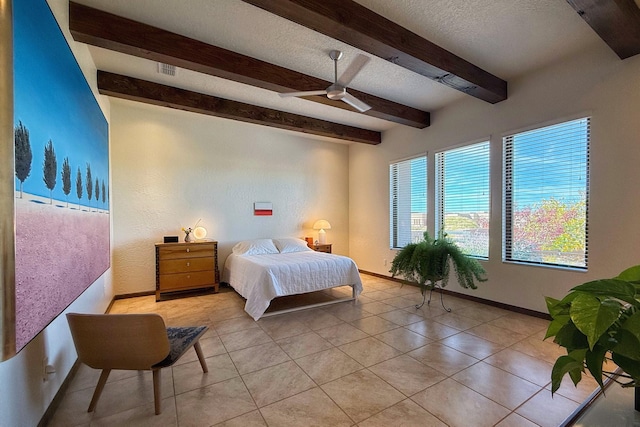 9 Camino Maravilla, Santa Fe, NM 87506 - bedroom with beam ceiling, a textured ceiling, light tile patterned floors, baseboards, and a ceiling fan