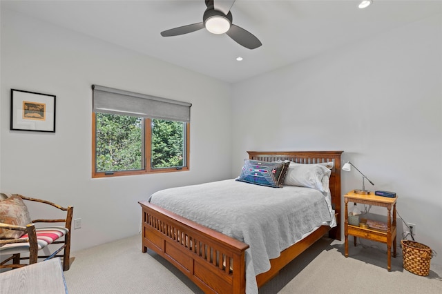 557 Valle Chamiso Ln, Santa Fe, NM 87505 - carpeted bedroom with recessed lighting and a ceiling fan