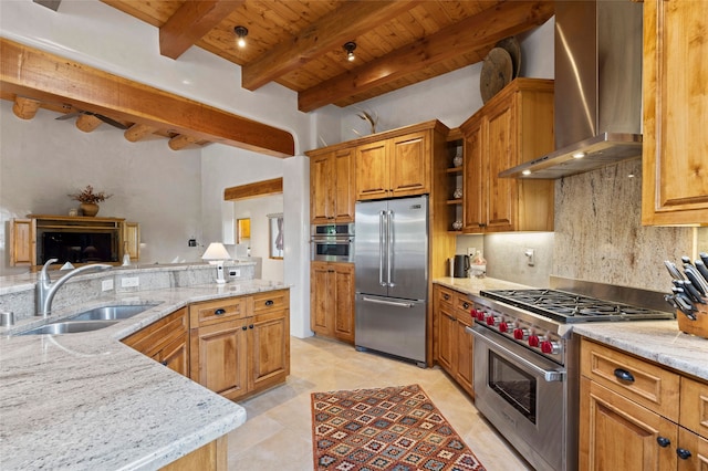 557 Valle Chamiso Ln, Santa Fe, NM 87505 - kitchen featuring high quality appliances, wall chimney range hood, wood ceiling with exposed beams, a sink, and light stone counters