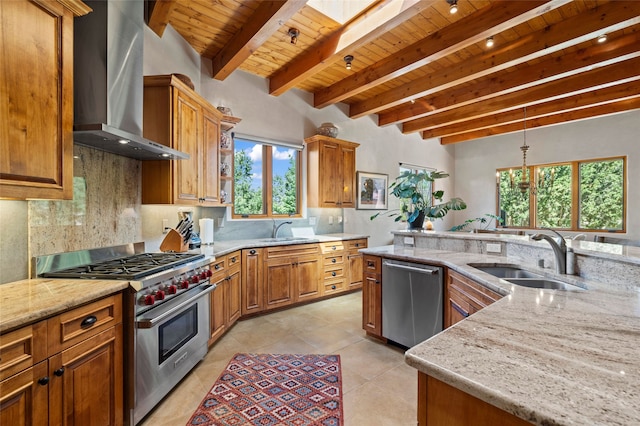 557 Valle Chamiso Ln, Santa Fe, NM 87505 - kitchen featuring appliances with stainless steel finishes, wall chimney range hood, a sink, wooden ceiling with exposed beams, and backsplash