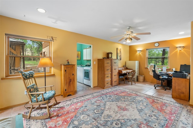 65 E Sombrillo Rd, Nm, NM 87532 - tiled home office with washing machine and clothes dryer, a ceiling fan, and recessed lighting