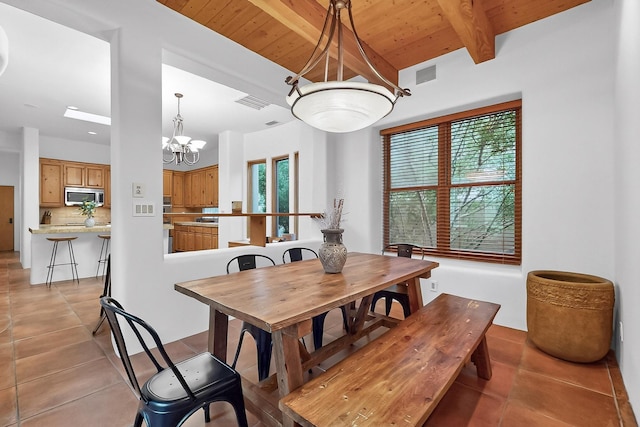 138 E Chili Line, Santa Fe, NM 87508 - dining room featuring wood ceiling with exposed beams, light tile patterned flooring, and a chandelier