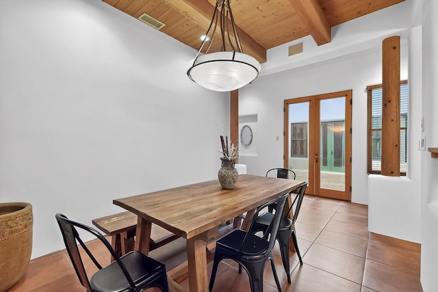 138 E Chili Line, Santa Fe, NM 87508 - dining area featuring wood ceiling with exposed beams, french doors, and light tile patterned flooring