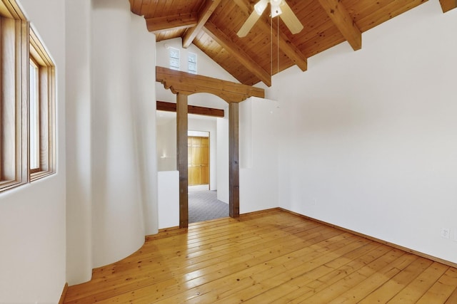 3260 La Paz, Santa Fe, NM 87507 - spare room with wooden ceiling, a ceiling fan, light wood-style flooring, and healthy amount of natural light