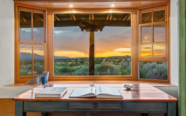 26 Camino Los Angelitos, Santa Fe, NM 87540 - detailed view of ceiling fan and a mountain backdrop