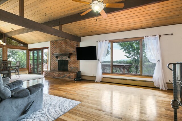215 San Juan St, Los Alamos, NM 87544 - living room featuring wooden ceiling, a brick fireplace, wood-type flooring, ceiling fan, and baseboard heating