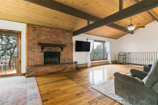 215 San Juan St, Los Alamos, NM 87544 - living area featuring hardwood / wood-style floors, wood ceiling, a fireplace, and ceiling fan