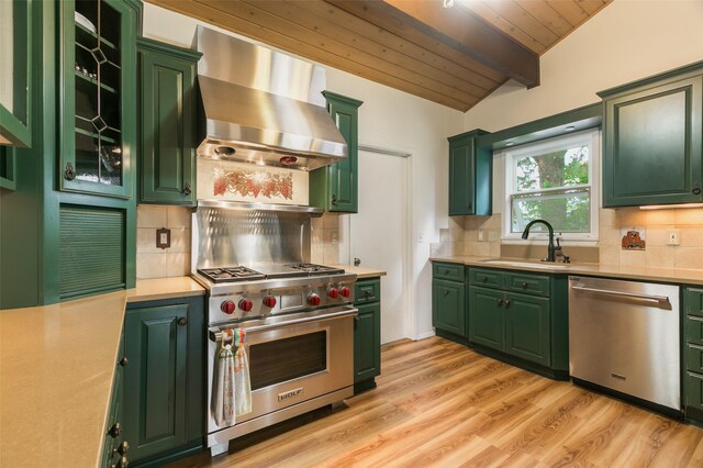 215 San Juan St, Los Alamos, NM 87544 - kitchen with green cabinets, appliances with stainless steel finishes, a sink, wood ceiling, and light countertops