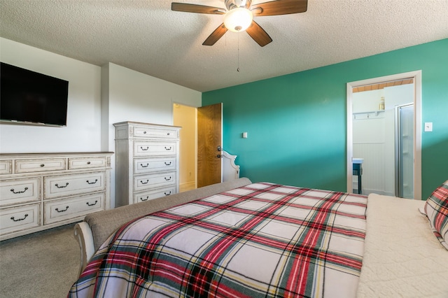 215 San Juan St, Los Alamos, NM 87544 - bedroom featuring a textured ceiling, carpet, ceiling fan, and ensuite bathroom