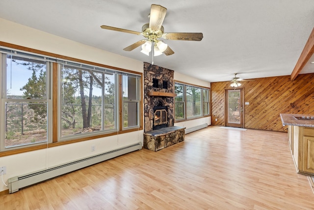 1327 San Ildefonso Rd, Los Alamos, NM 87544 - living area featuring a baseboard heating unit, a ceiling fan, light wood-type flooring, and wood walls