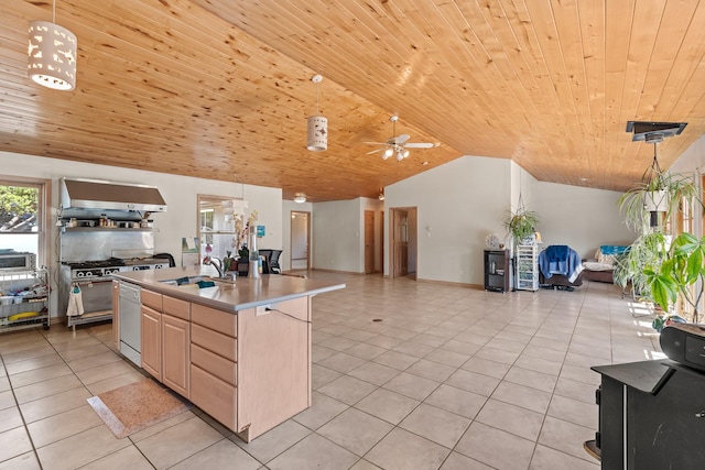 71 Apache Plume Dr, Santa Fe, NM 87508 - kitchen featuring open floor plan, lofted ceiling, light tile patterned floors, light brown cabinets, and an island with sink
