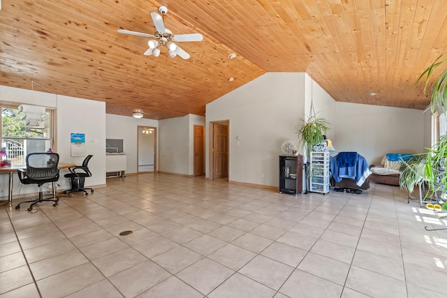 71 Apache Plume Dr, Santa Fe, NM 87508 - office area featuring light tile patterned floors, vaulted ceiling, plenty of natural light, a ceiling fan, and wood ceiling
