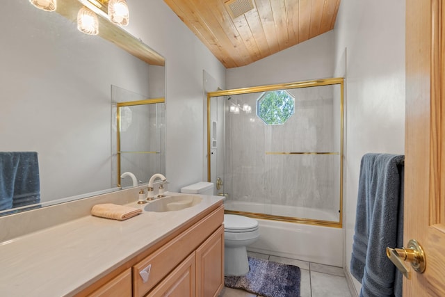 71 Apache Plume Dr, Santa Fe, NM 87508 - full bathroom featuring toilet, vanity, tile patterned floors, enclosed tub / shower combo, and lofted ceiling